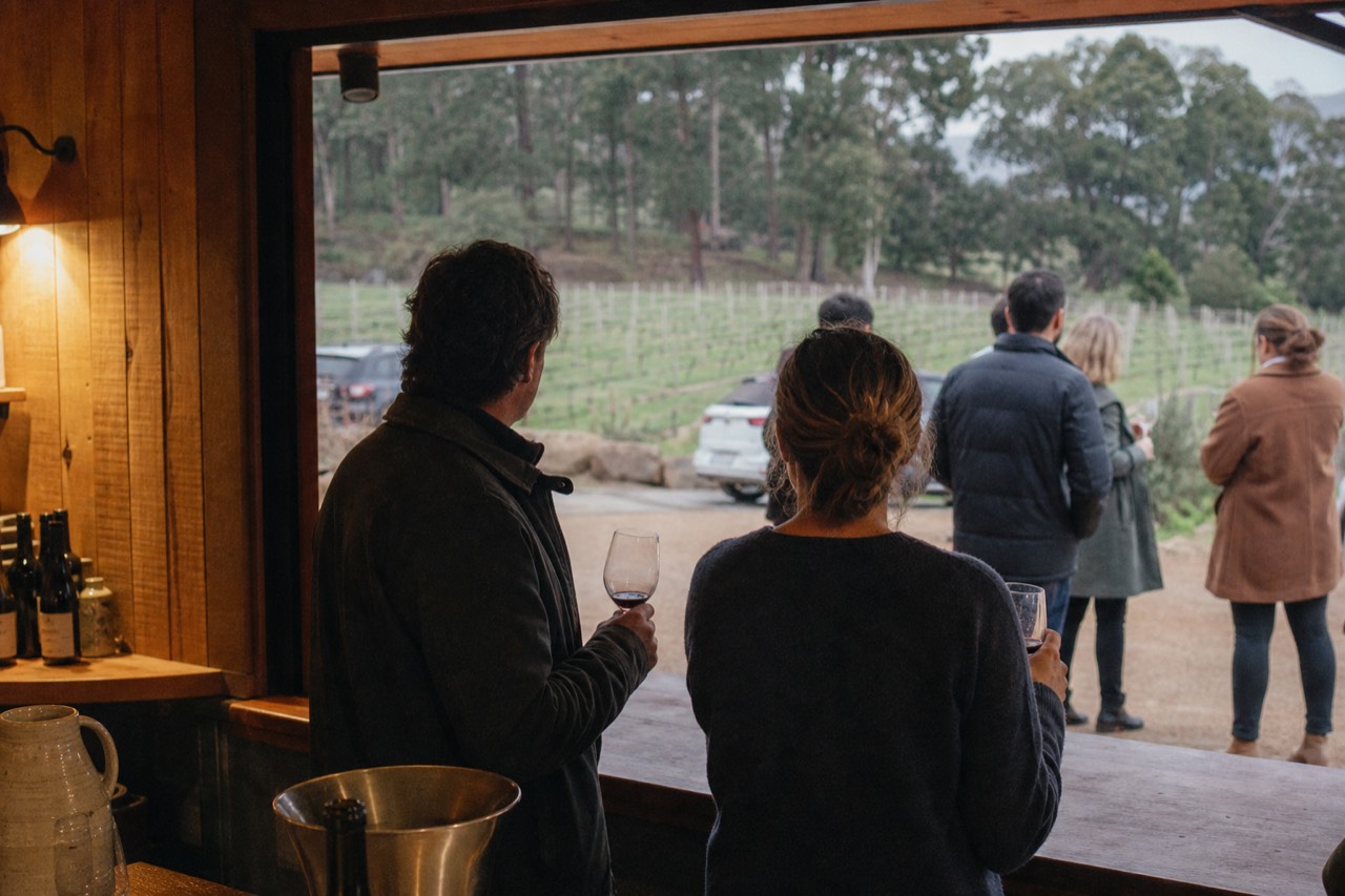 Small group of adults holding tasting glasses at an outdoor cellar door counter with vineyard rows behind them