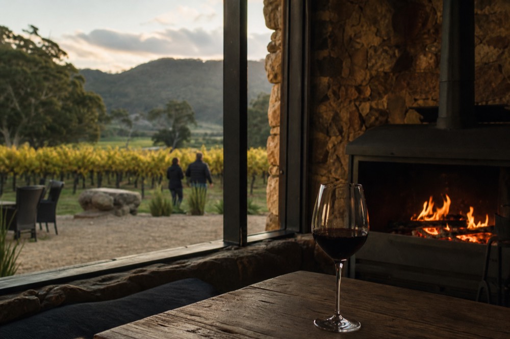 Open fireplace burning in a stone-walled tasting room with a glass of red wine on a timber table in the foreground