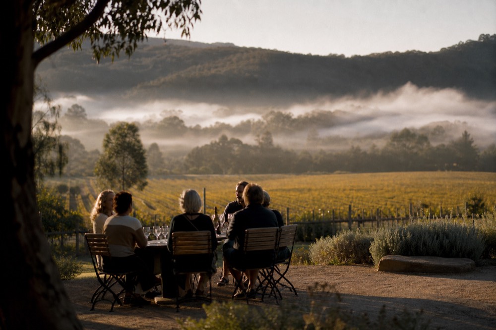 Small group of people seated at an outdoor tasting table in late golden light with vines and a low hill behind them, faces turned away