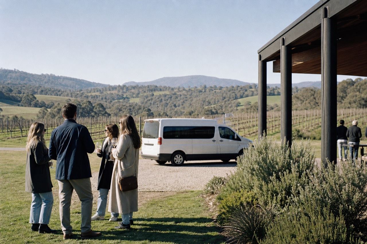 A group of travellers standing with glasses outside a Yarra Valley cellar door on a bright morning, tour van parked on the gravel behind them