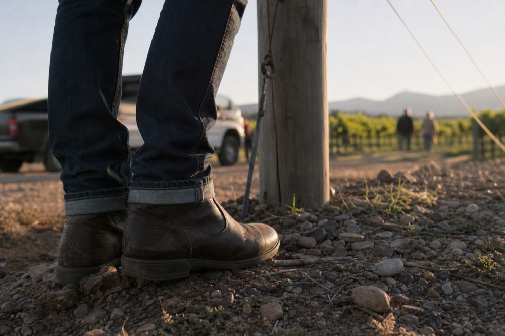 Close view of leather ankle boots and dark denim on loose gravel beside a wooden vineyard post