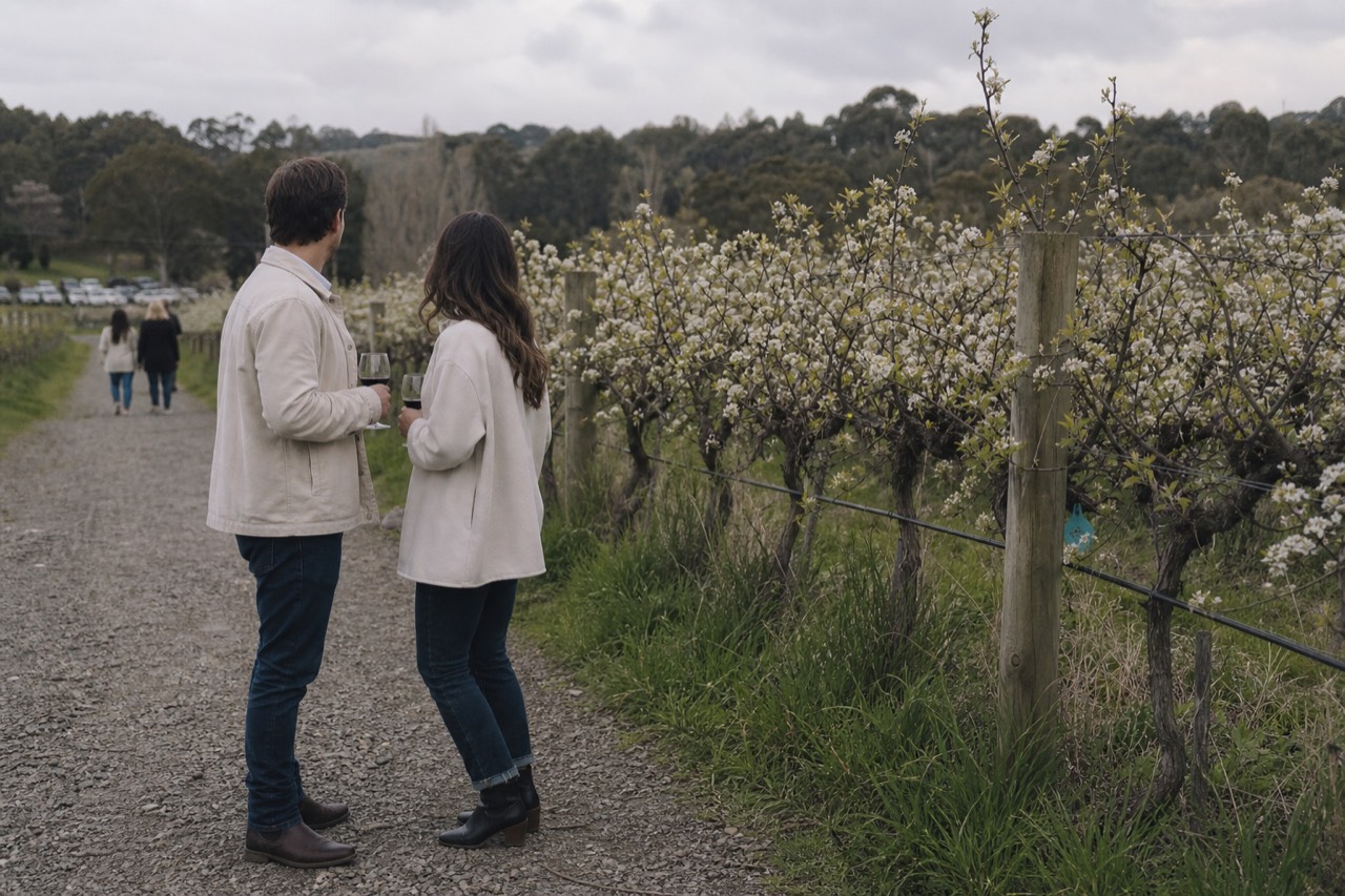 Couple in dark jeans and light jackets standing on a gravel path beside vineyard rows holding wine glasses