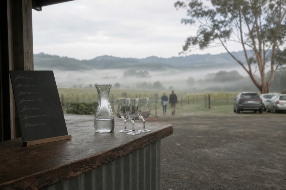 Hand-written chalkboard style tasting list on a cellar door counter beside three empty glasses and a water carafe