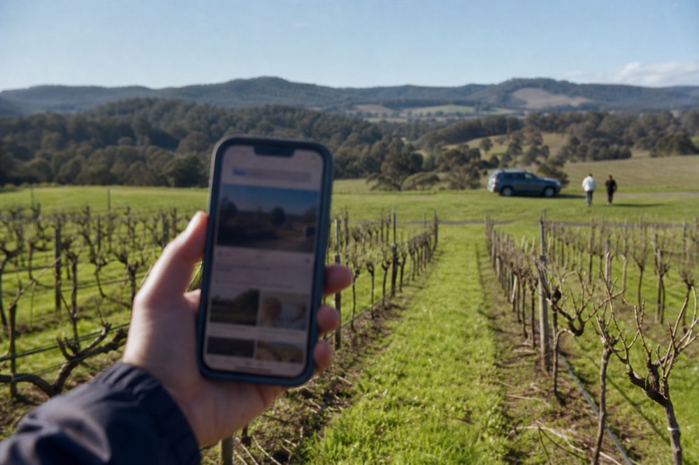 Phone screen held up in front of a vineyard showing a blurred booking page, hand steady, vines out of focus behind