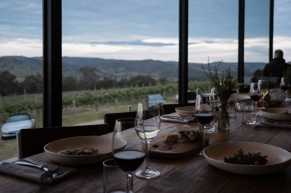 Two-course plated lunch on a long table beside a window overlooking vines, half-full wine glasses and bread on a board