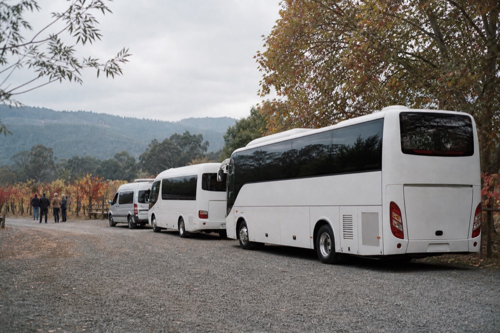 Three tour vehicles of increasing size parked in a row on gravel outside a winery, from a small van to a coach