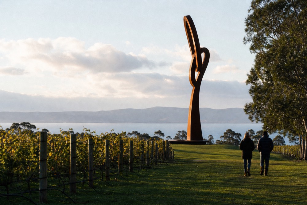 A large abstract steel sculpture standing on mown lawn above vineyard rows and distant water, two visitors walking the grass path toward it