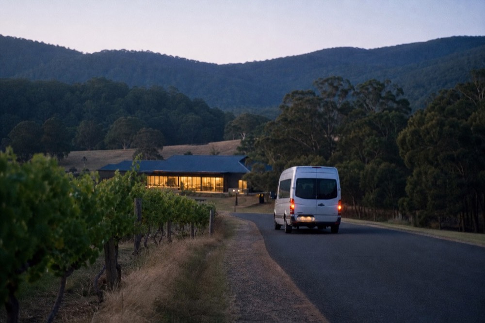 A minibus on a two-lane country road curving between vineyard blocks with forested hills rising in the distance