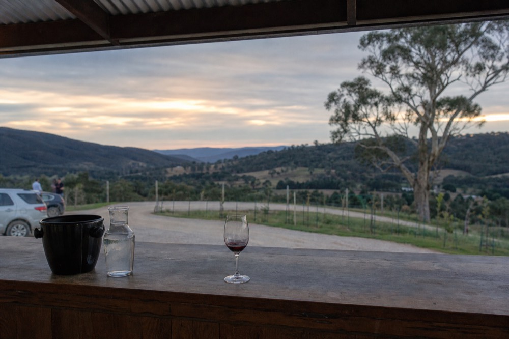 Small tasting pour of red wine on a wooden cellar door counter with a spittoon and a water jug beside it