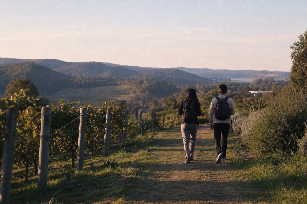 Two travellers with day bags walking away from the camera along a vineyard path in low afternoon light, faces not visible