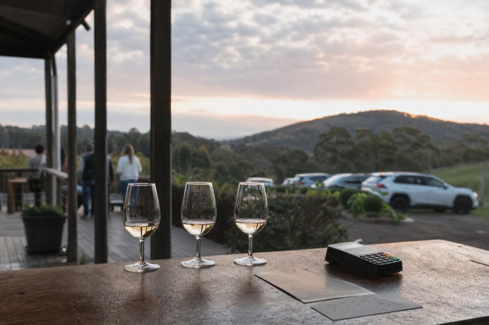 Printed tasting flight card and a card reader on a cellar door counter beside three partly filled glasses