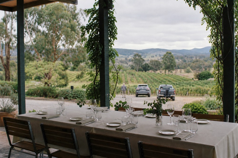 A long lunch table set on a winery terrace overlooking vine rows, six place settings with wine glasses catching midday light, no diners yet