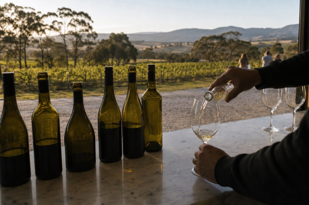 Staff member pouring a small measure of white wine at a marble tasting counter, bottles lined up in a single producer's range behind, hands only in frame