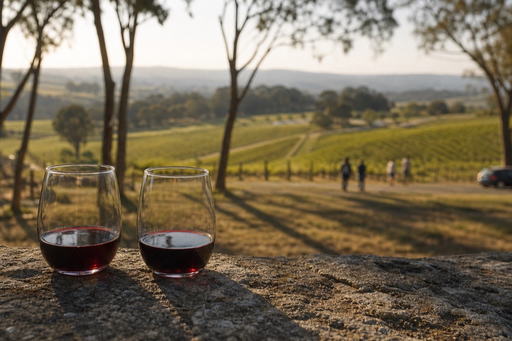 Two tasting glasses of pinot noir side by side on a stone ledge with rolling vineyard country blurred behind them