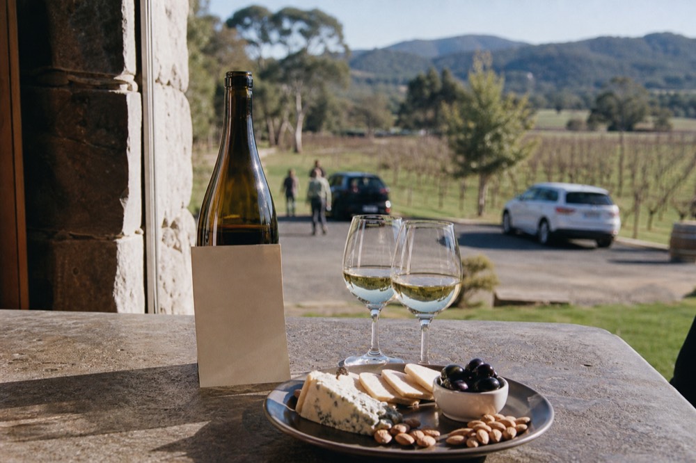 A printed tasting price card propped against a wine bottle on a counter beside a cheese plate and two poured glasses