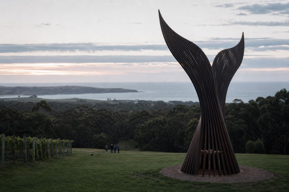 A large outdoor sculpture standing on a mown lawn above vineyard rows with the sea and a headland in the far background