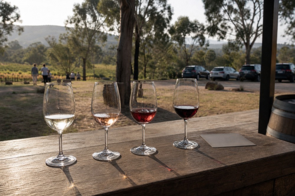 Tasting flight of four glasses lined up on a timber cellar-door counter with a price card face down beside them