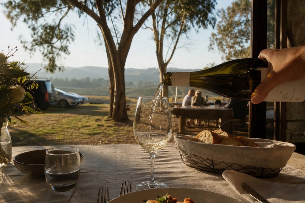 Hand pouring white wine into a glass at a set lunch table with a bread basket and cutlery in soft window light
