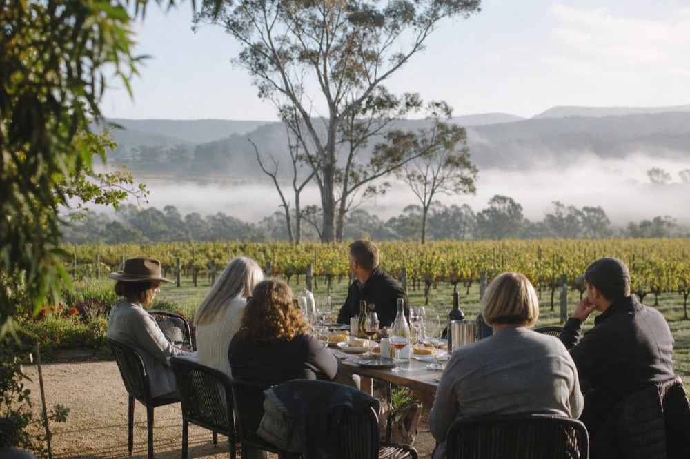 Small group of six adults seated around an outdoor winery table mid-meal with vines and gum trees behind them